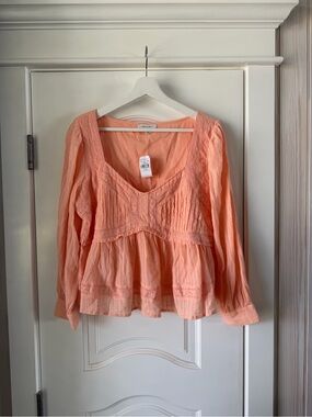 100% Cotton American Eagle Outfitters Peach Lace-Trim Peasant Top